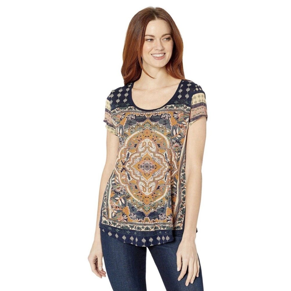 Lucky Brand Women's Persian Carpet Tee Small Navy Multi Bohemian Indie Hippie
